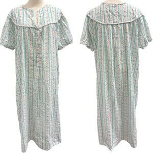 Lanz of Salzburg 2X Cotton Nightgown Chintzy Floral Stripe Eyelet Lace Cottage